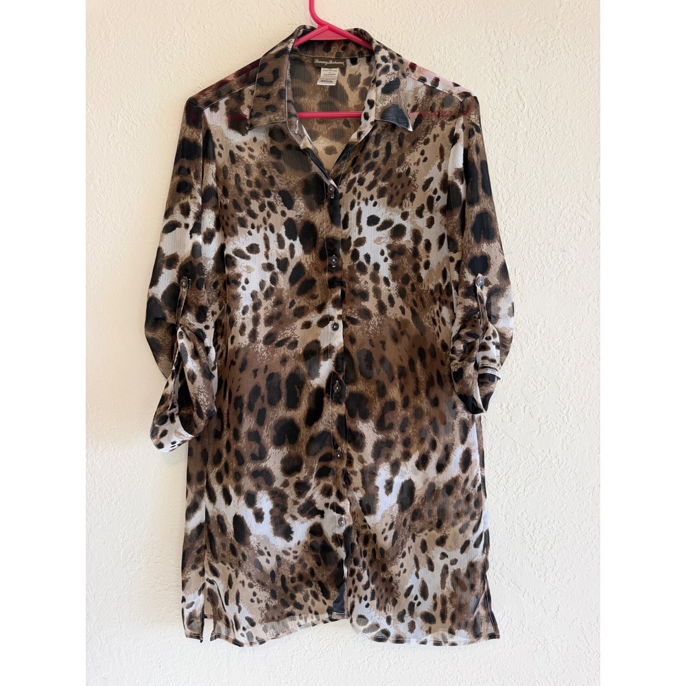 Tommy Bahama Leopard Print Sheer Roll Tab Sleeve Button Down Shirt TSW74015C M